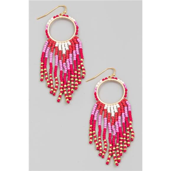 Fame Circle Cutout Seed Beaded Fringe Earrings - Picture 1 of 3